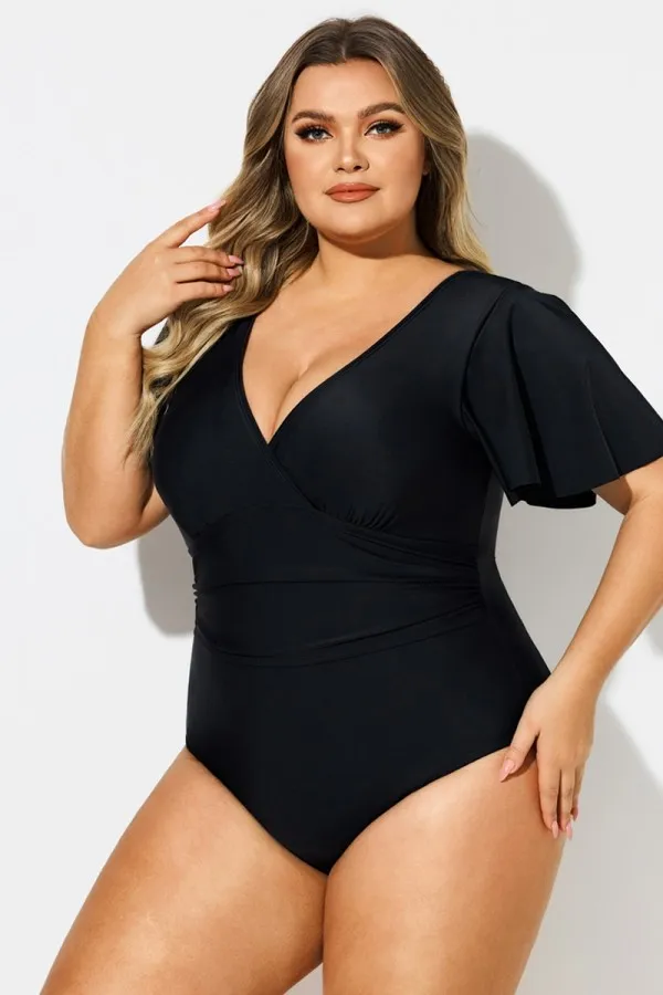 Solid Black V-Neck Sleeves One Piece Swimsuit