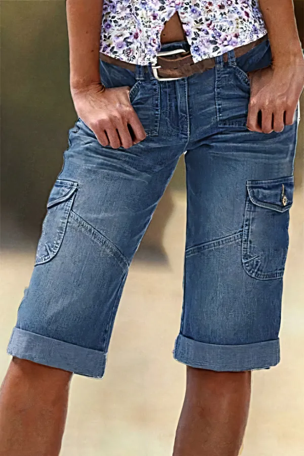 Flap Pocket Roll Hem Bermuda Denim Shorts Without Belt