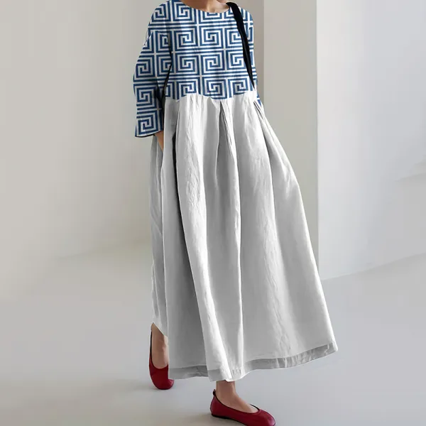Greek Key Color Block Print Crew Neck Loose Midi Dress
