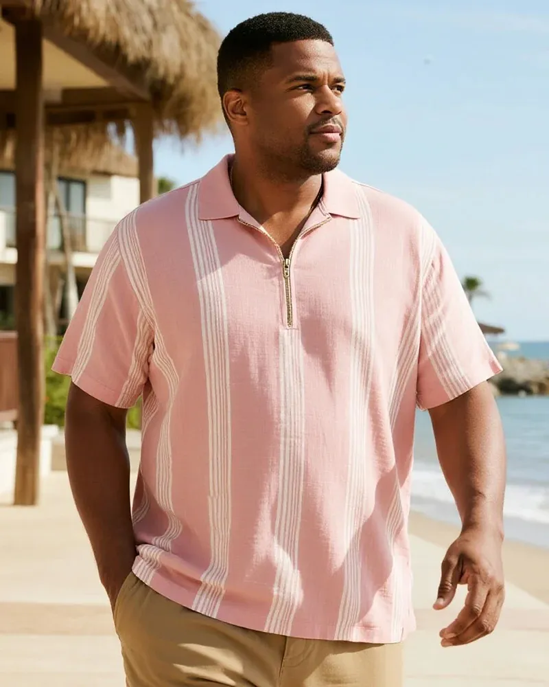 Big & Tall Men's Striped Short Sleeve Zipper Polo Shirt