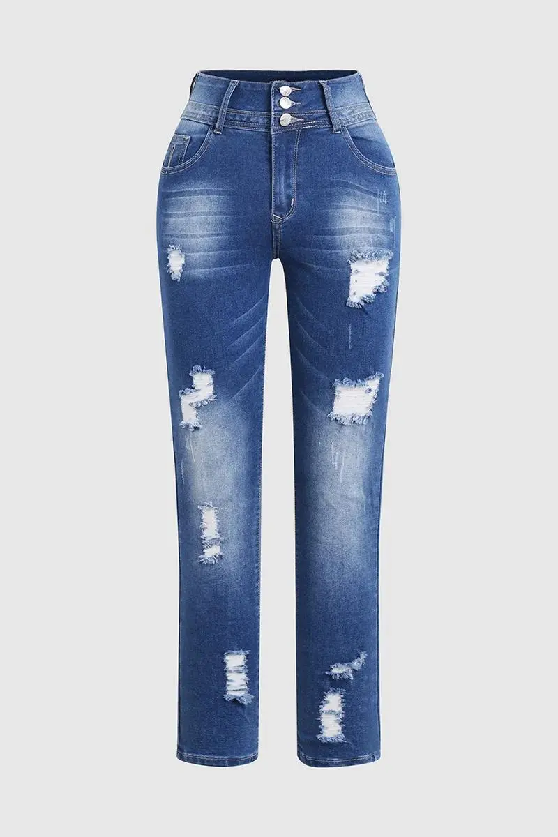 Ripped Button Up Wash Stretchy High Waist Skinny Jeans