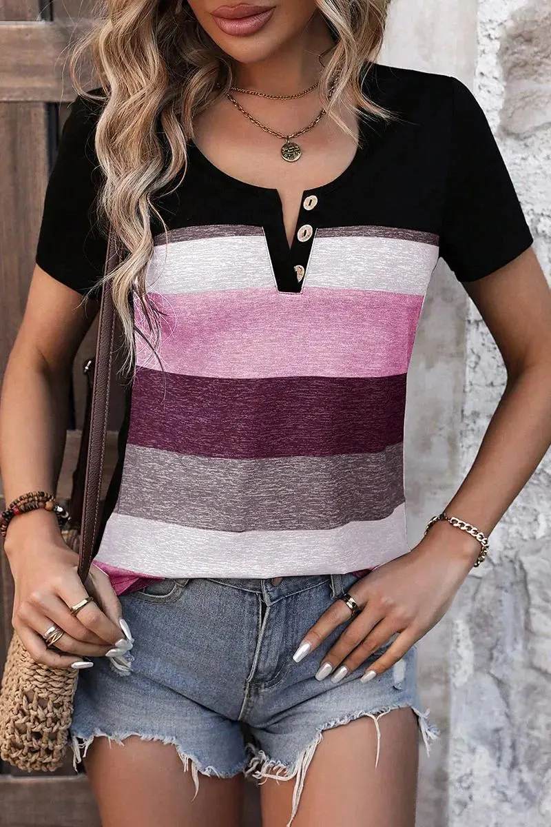 Colorblock Button Front Scoop Neck Short Sleeve T-Shirt