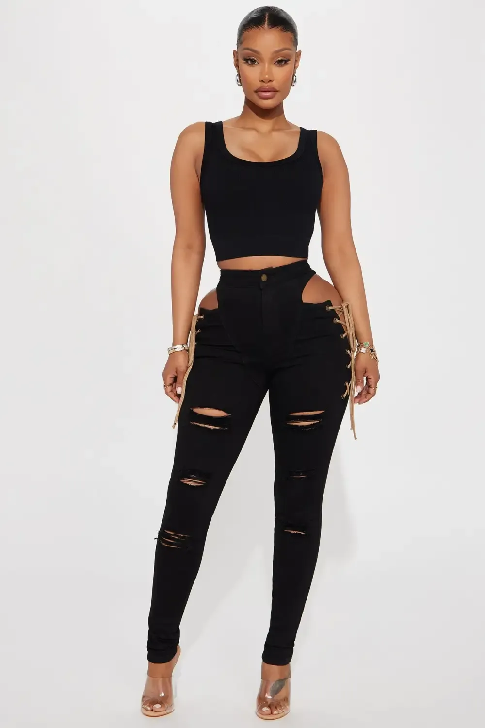 Getting Out There Lace Up Skinny Jeans - Black Wash