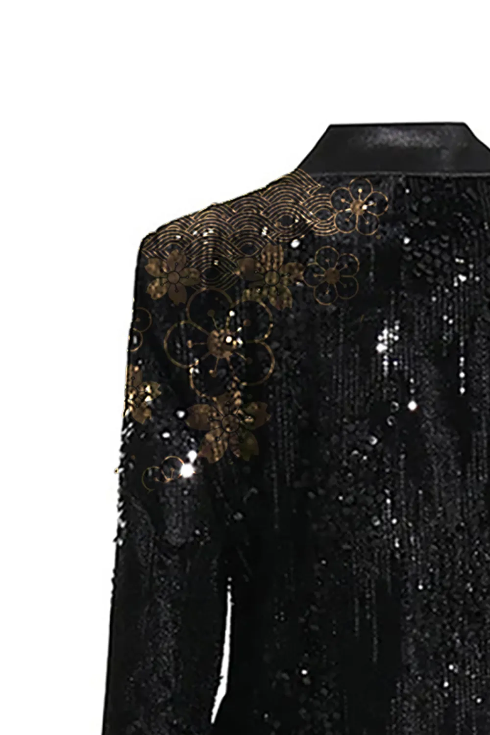 Silky Satin Lapel Feather Trim Long Sleeve Cinch Waist Sequin Party Blazer