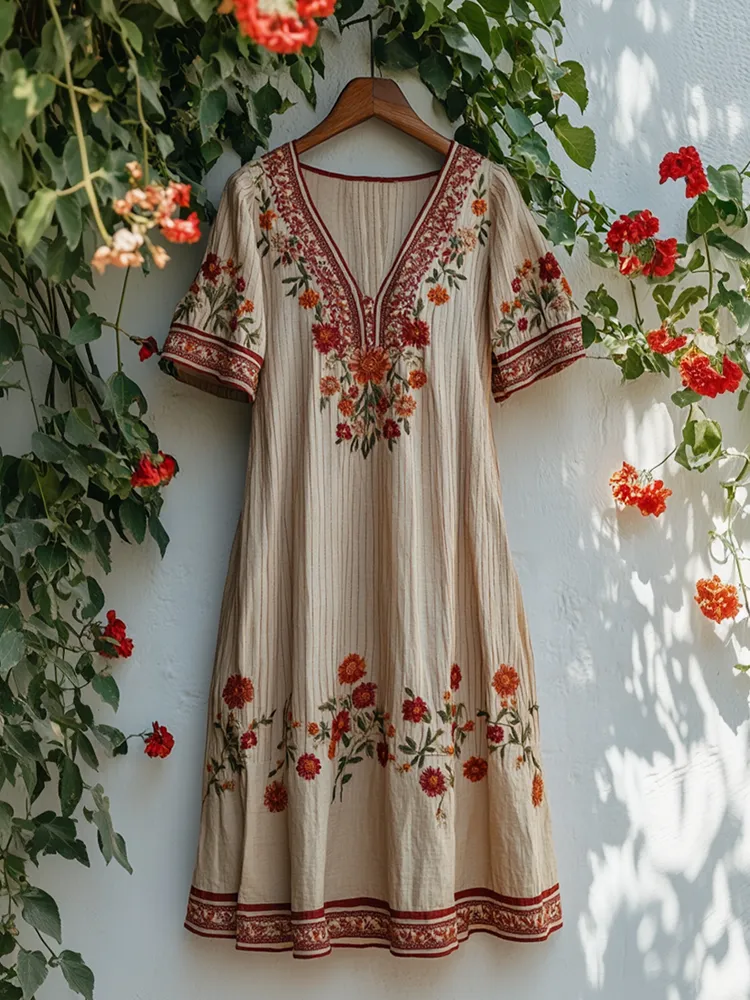 Women's Vintage Embroidered Flower V-neck Loose Midi Dress