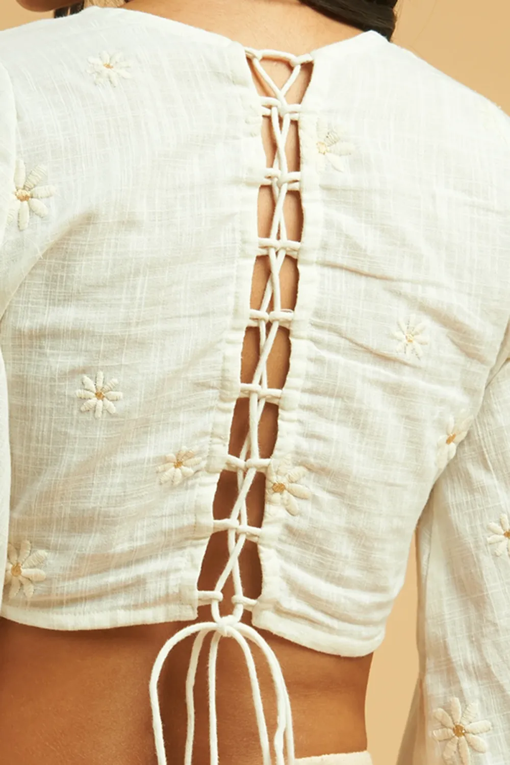 White Embroidered V Neck Crop Top