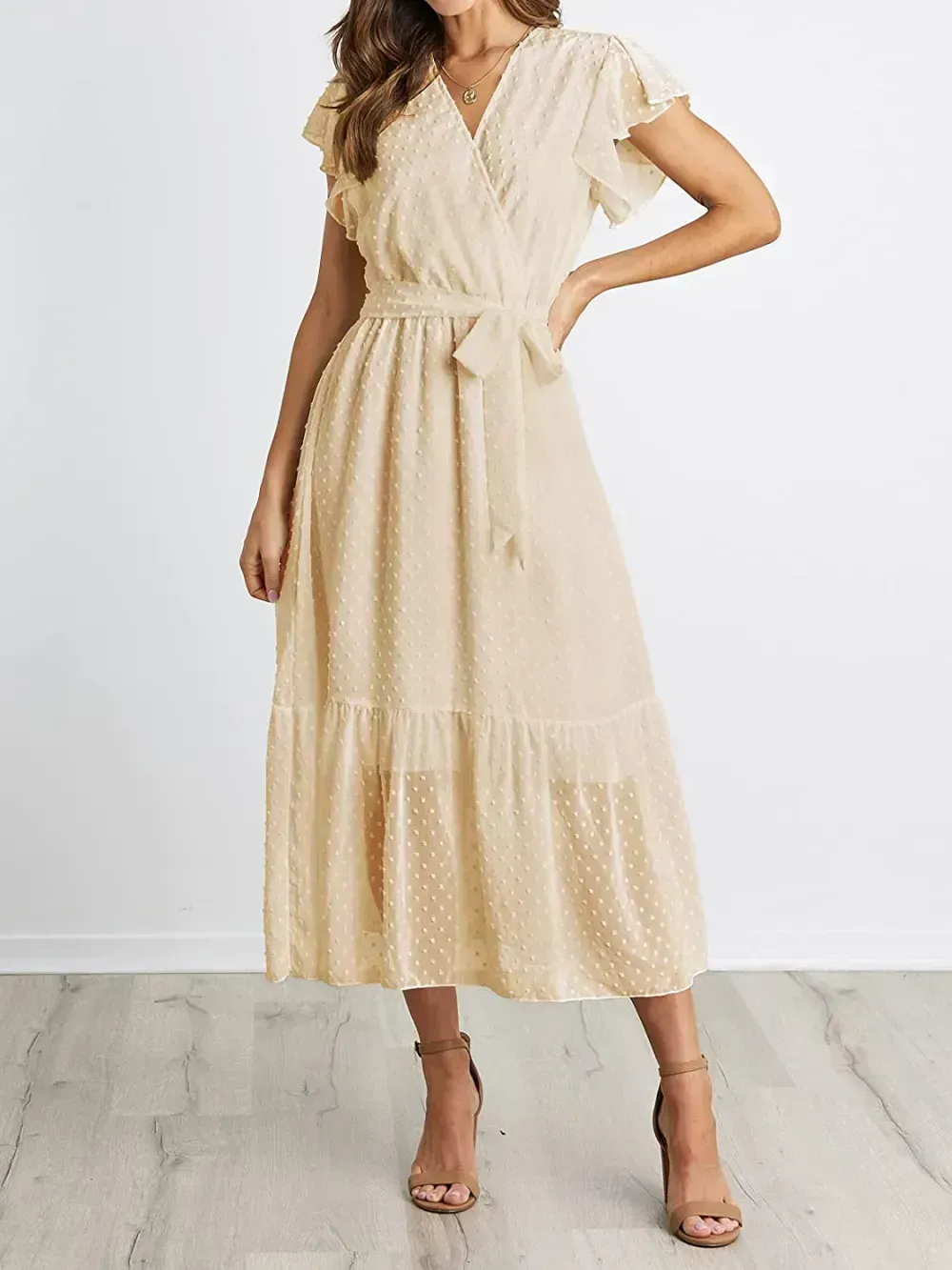 Women Summer Bohemian Floral Casual Wrap V Neck Ruffle Cap Sleeveless Belt A-Line Pleated Hem Swing Midi Sun Dress