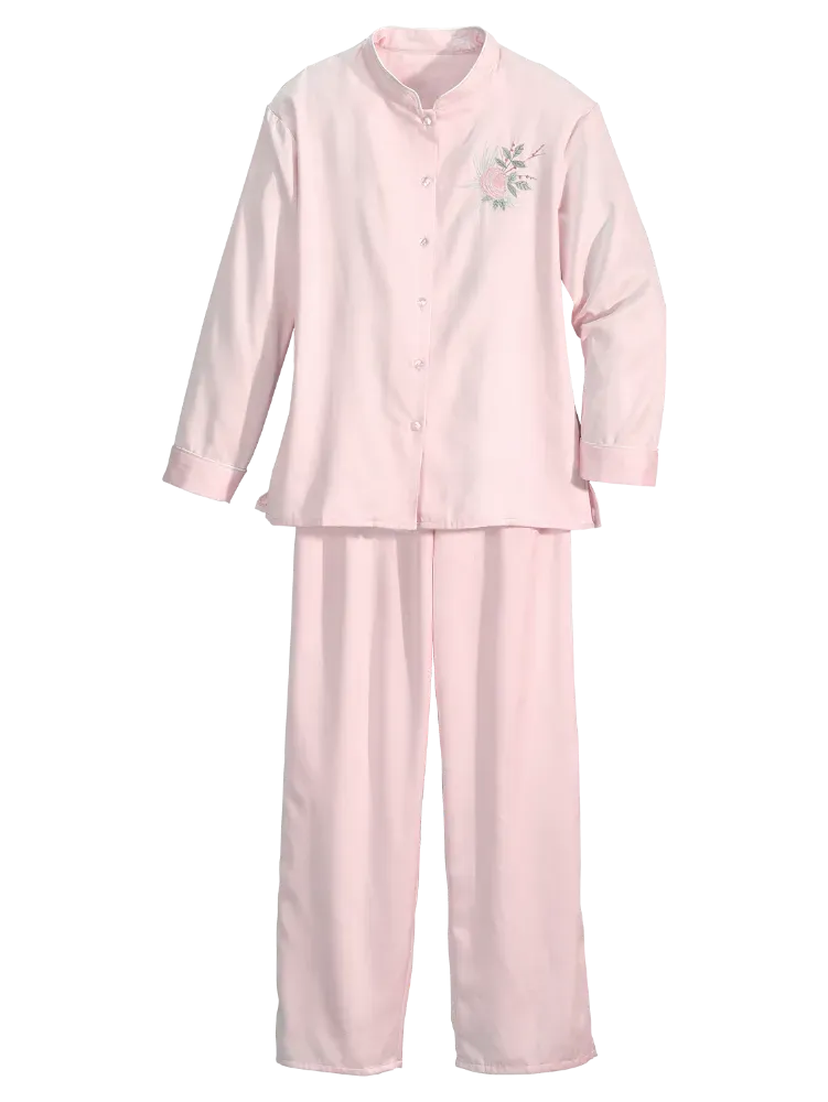 Women's Brushed-Back-Satin Embroidered Pajama Set