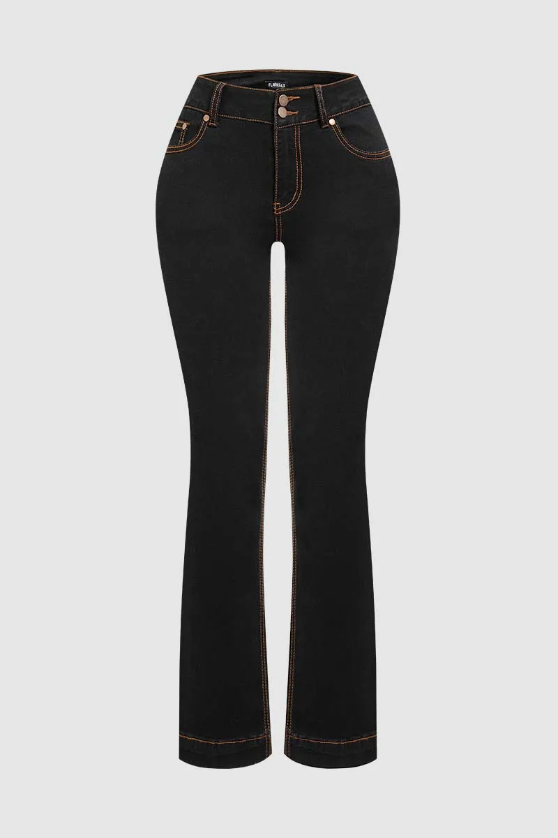 Double Button Stitch Detail High Waist Bootcut Jeans