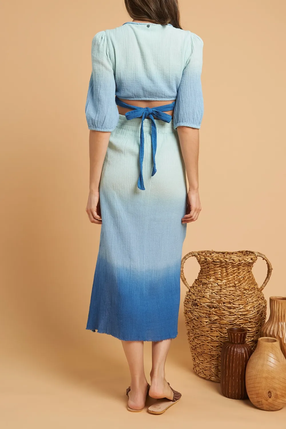 Blue Ombre Wrap Style Midi Skirt