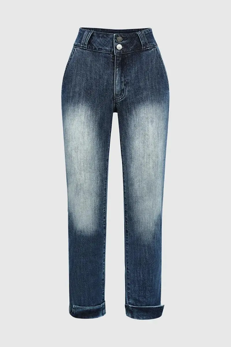 Double Button Roll Hem Mid Waist Crop Jeans