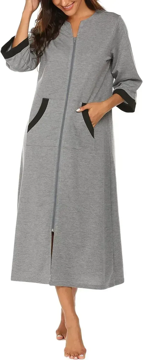 Women Zipper Robe 3/4 Sleeves Loungewear Dress Full Length Sleepwear Pockets Housecoat Nightgown Long Bathrobe