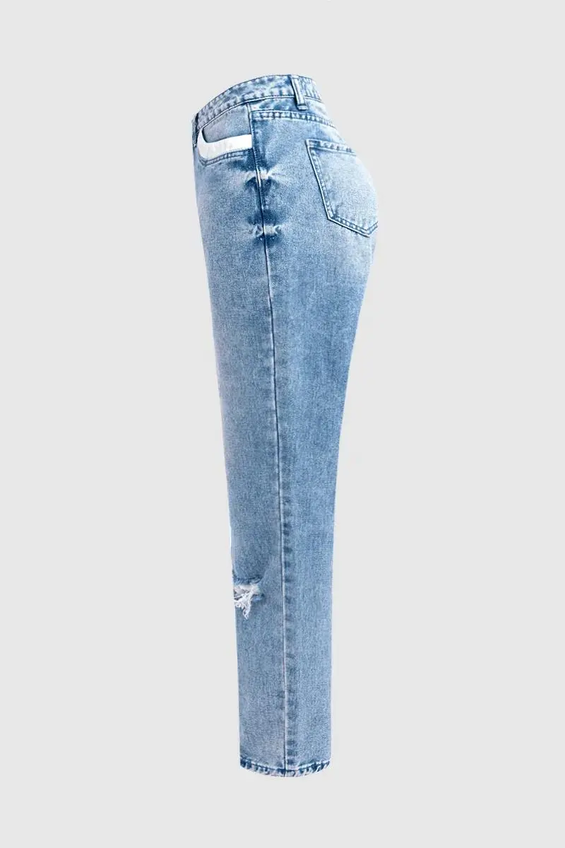 Cut Out Slant Pocket Low Waist Straight Leg Jeans