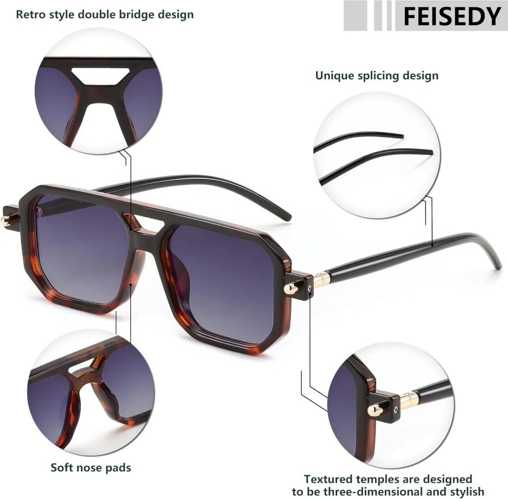FEISEDY Vintage Square 70s Flat Aviator Sunglasses Women Men Classic Retro Stylish Frame UV400 Sunglasses B2622