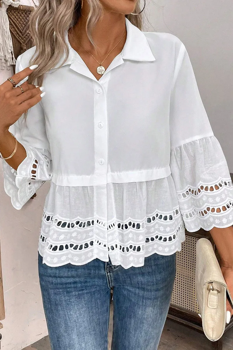 Solid Eyelet Embroidery Scallop Trim Bell Sleeve Shirt