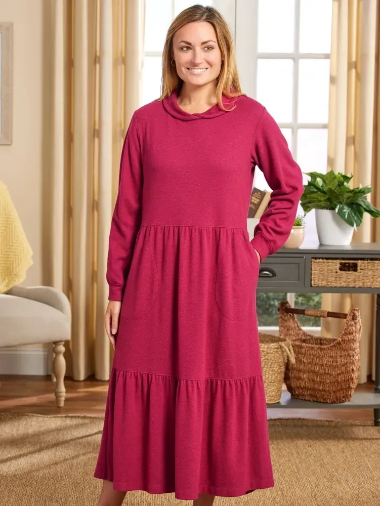 Soft Cowl Neck Tiered Midi Dress