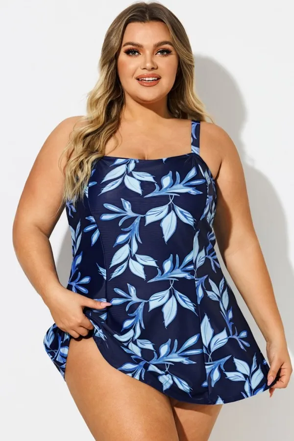 Blue Leaf Print Square Neckline Women Stylish Swimdress