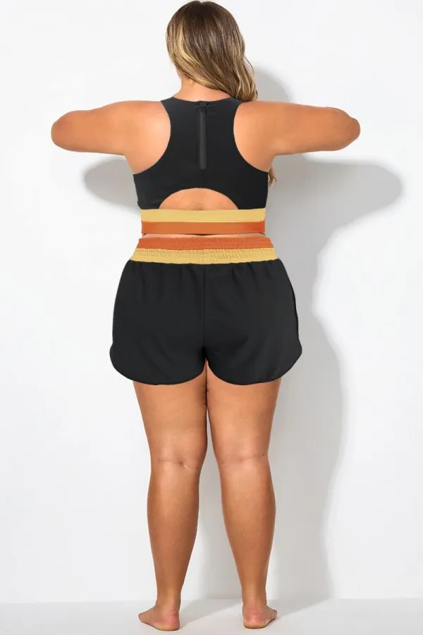 Plus Size Black Colorblock Mid Waist Women Shorts