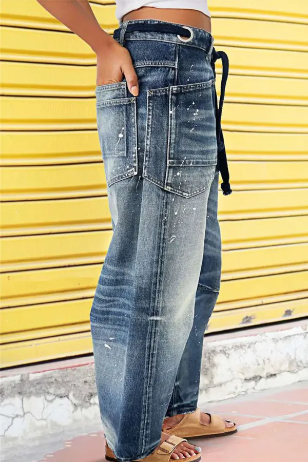 Drawstring Grommet Eyelet Mid Waist Barrel Jeans