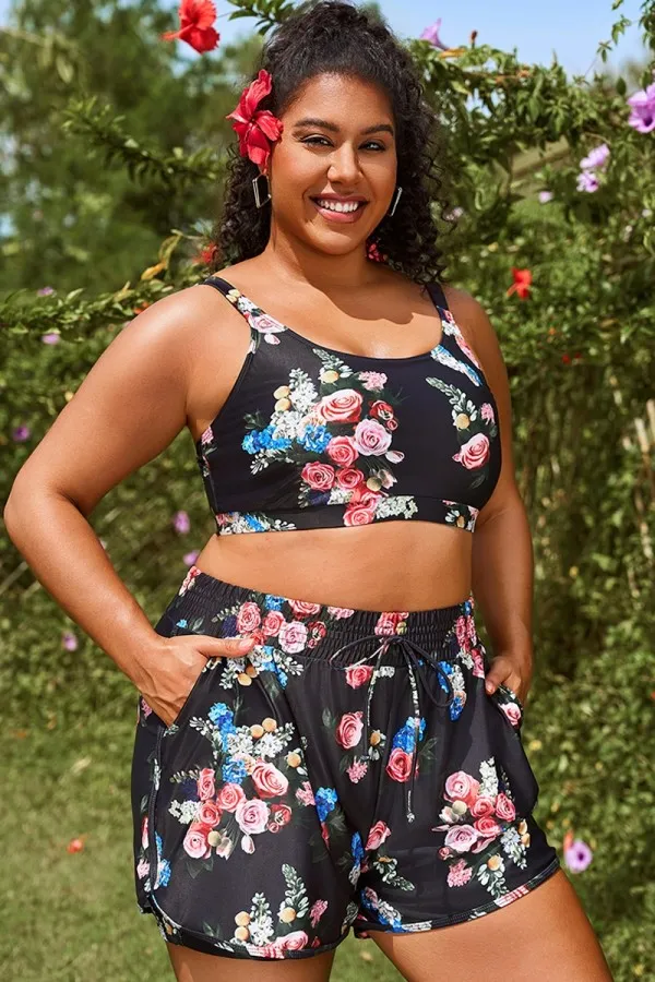 Floral Print Round Neck Wide Strap Bikini Top