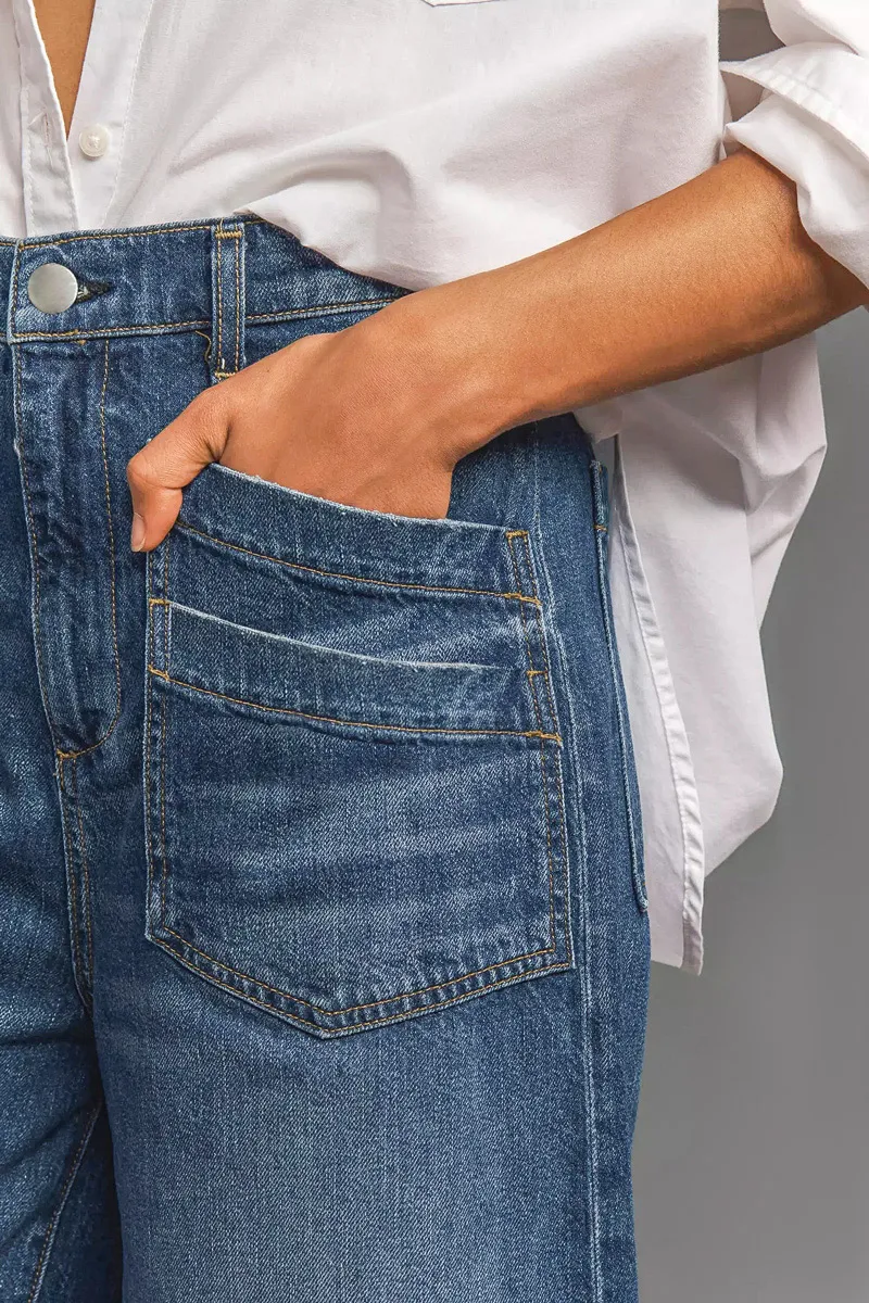 Wash Stitch Detail Raw Hem Wide Leg Mid Rise Jeans