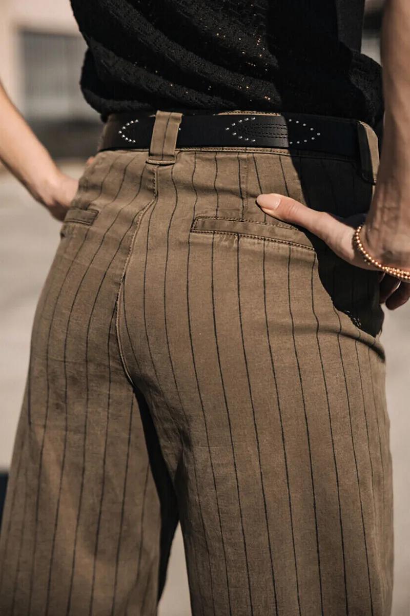 Pinstriped Mid Waist Straight Leg Crop Pants Without Belt