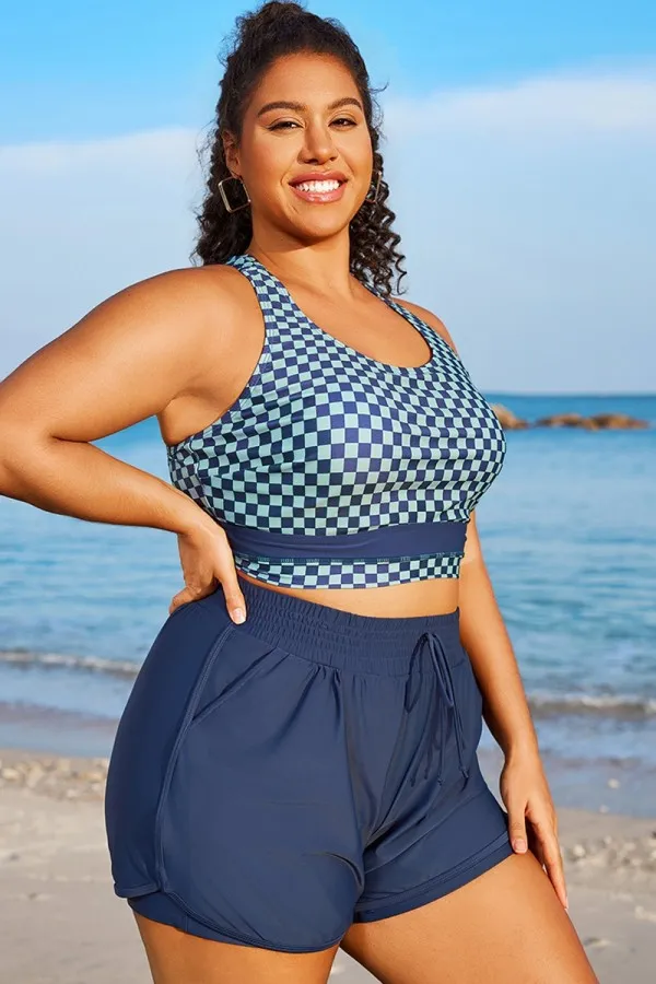 Blue Check Round Neck Patchwork Bikini Top