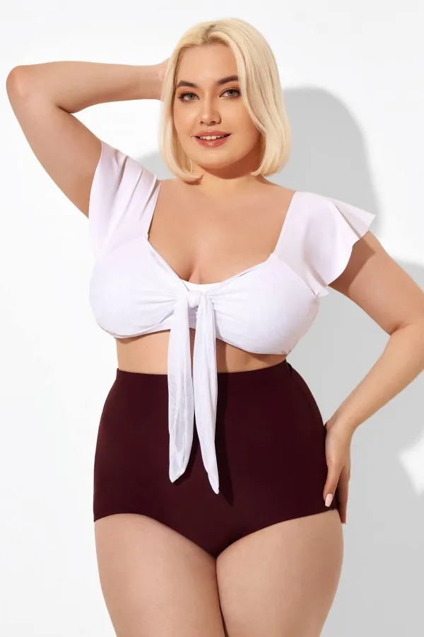 White Cap Sleeve Tie-front Bikini Top