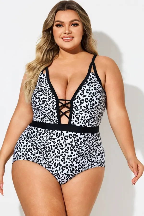 Leopard Print Deep V-Neck One Piece Swimsuit