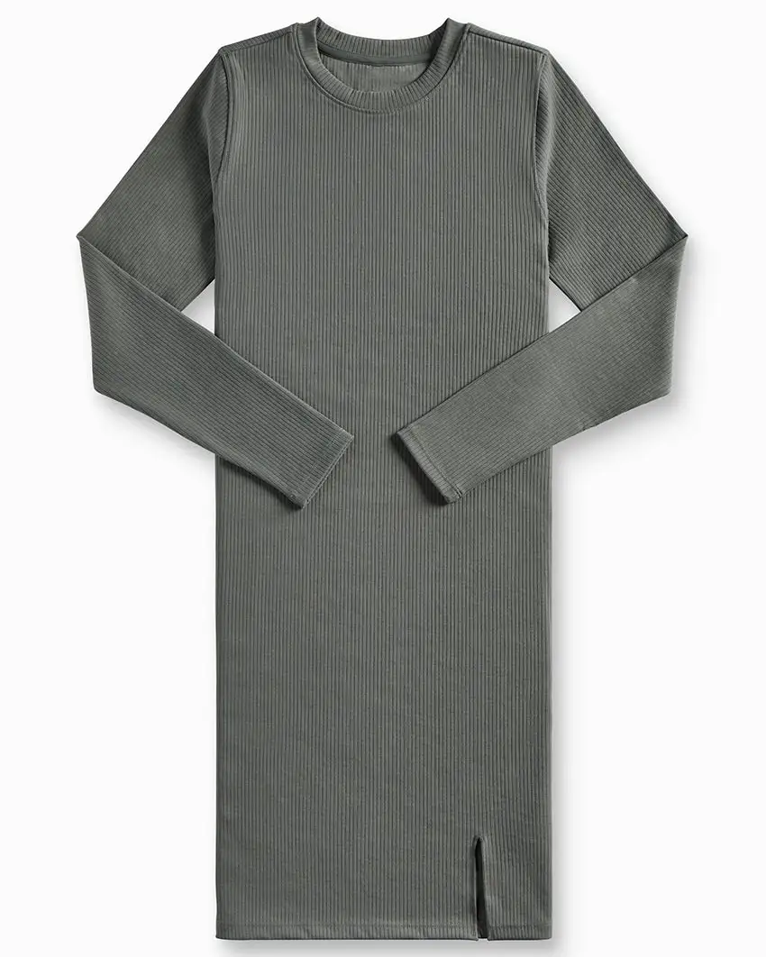 Rib Long Sleeve Split Hem Dress