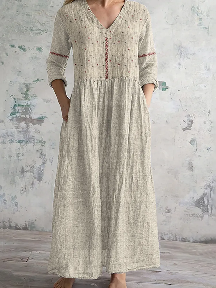 Vintage Floral Embroidered Art Women's Linen Dress