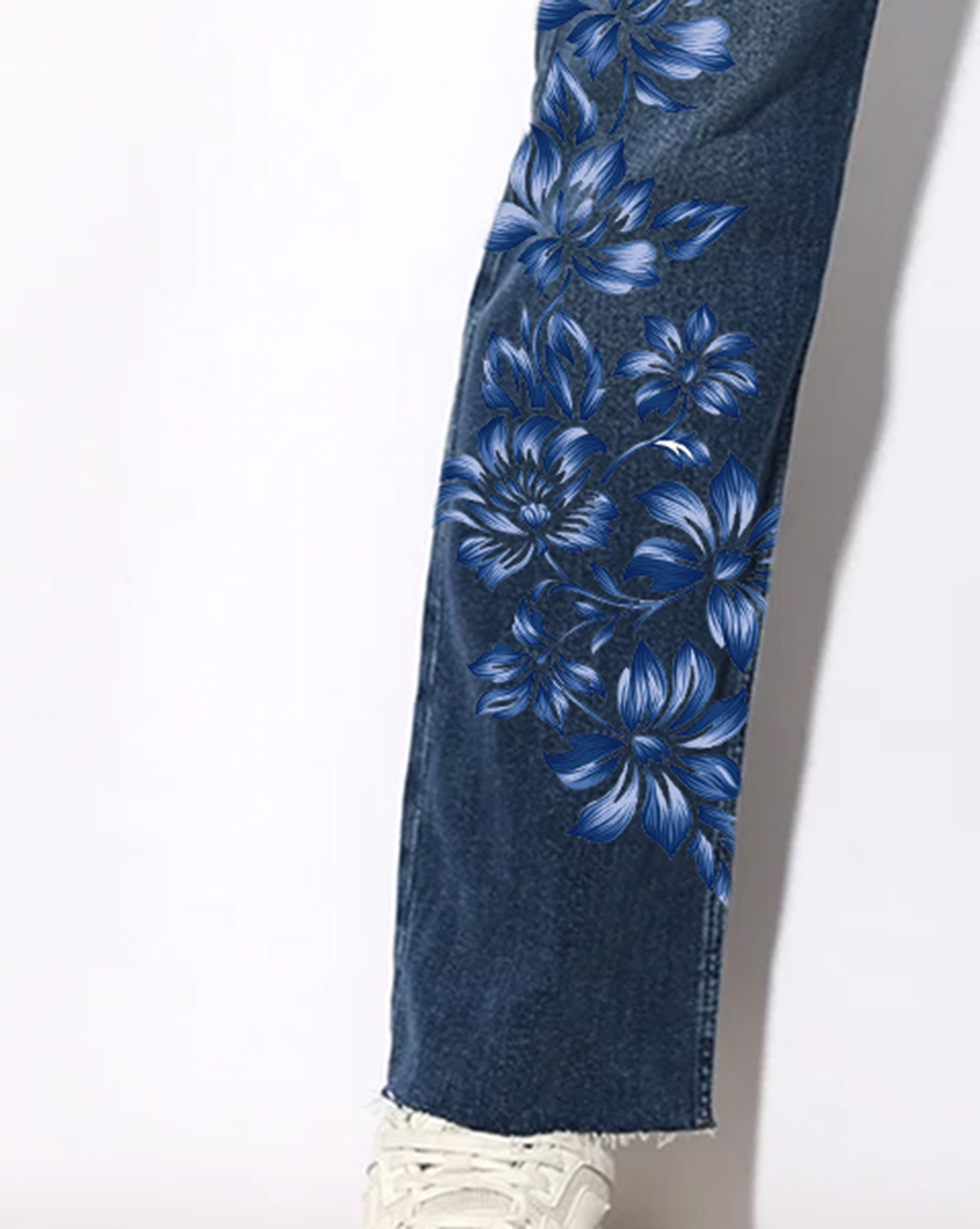 Blue High Rise Flared Cropped Jeans with Blue Floral Pattern