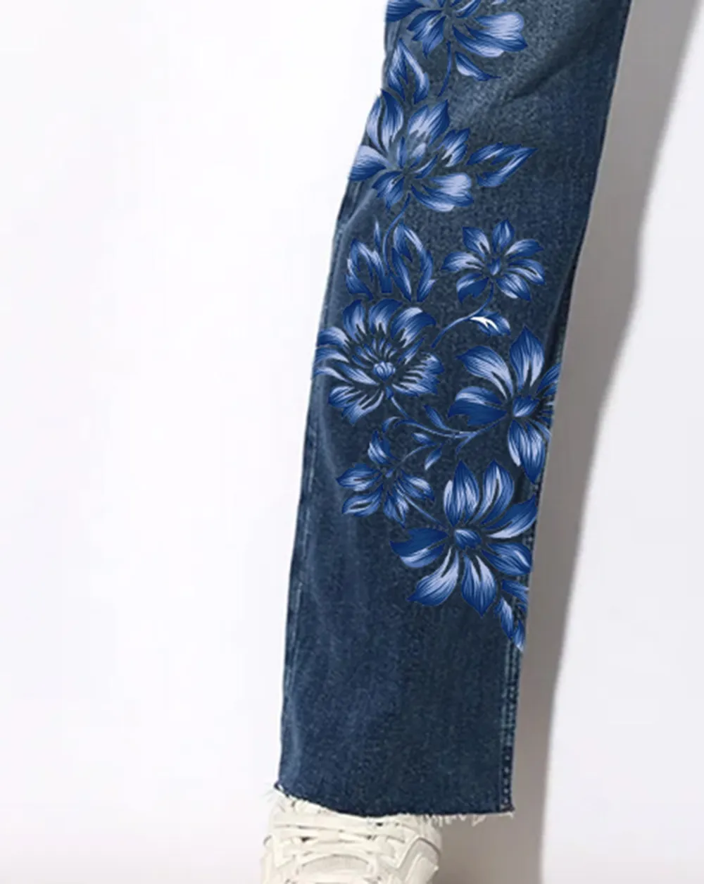 Blue High Rise Flared Cropped Jeans with Blue Floral Pattern