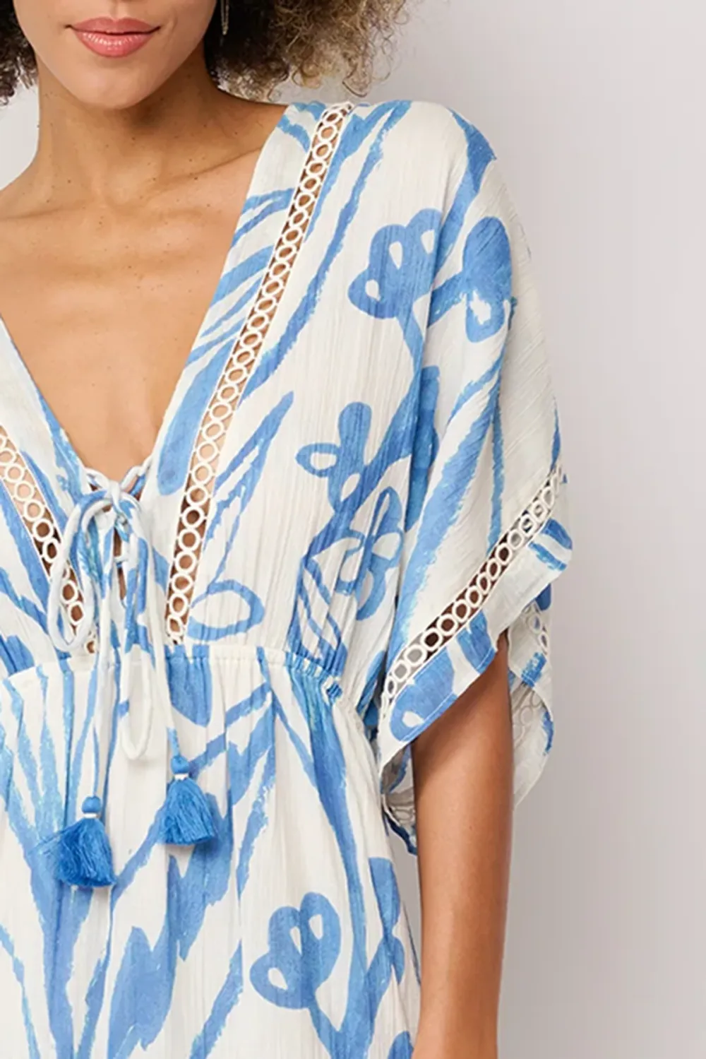 Blue And White Botanical Print V Neck Maxi Dress