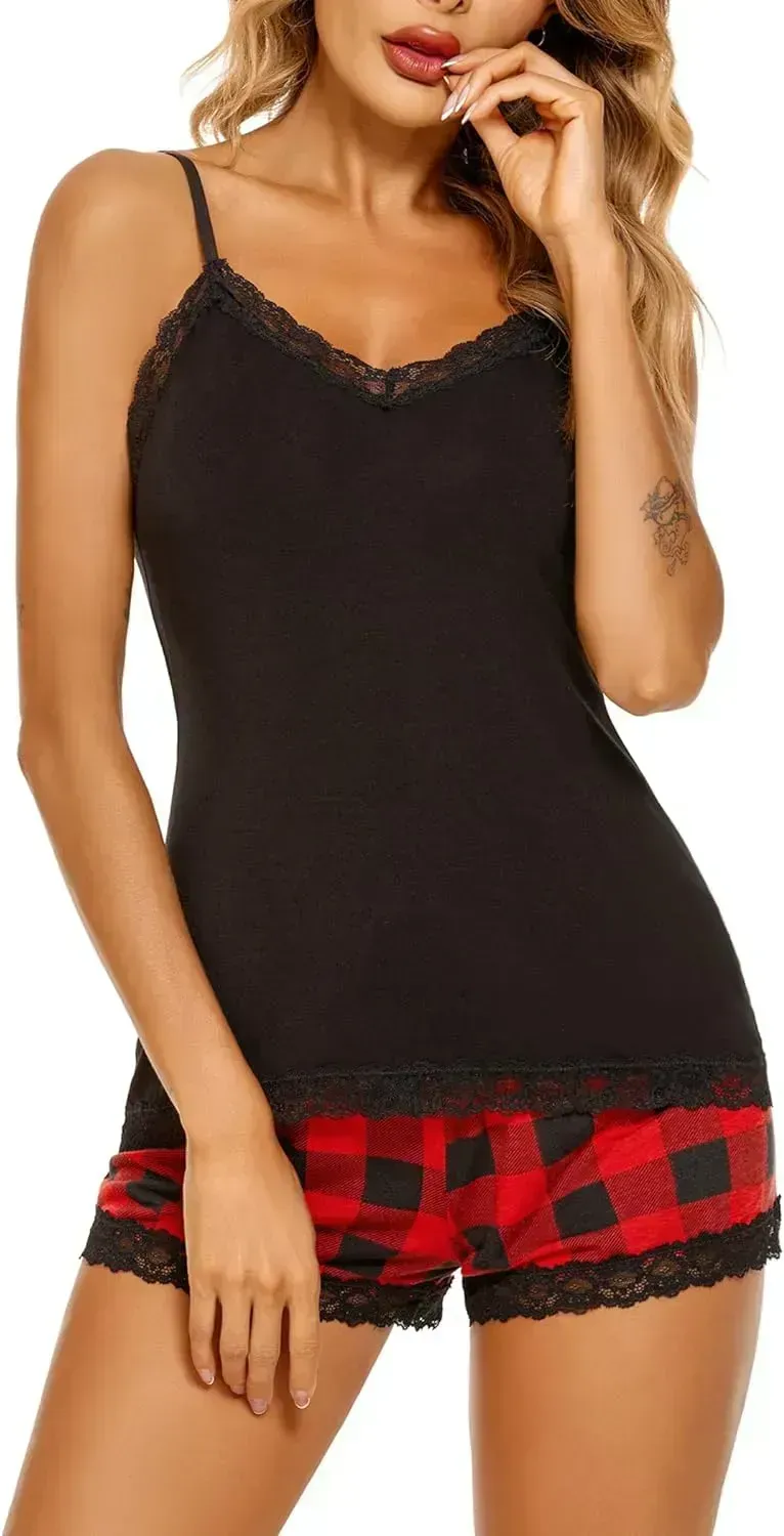 Women Cami Pajama Set Modal Sleepwear Lace Trim Short PJ Set with Shorts