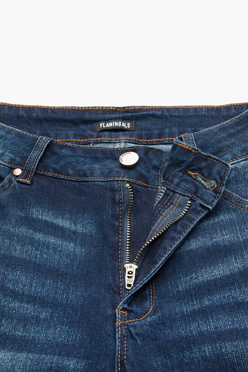 Mid Waist Rhinestone Decor Straight Leg Jeans Without Belt