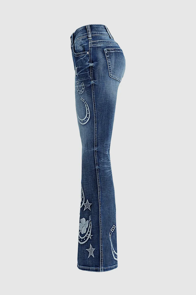 Star & Moon Pattern Double Button Mid Rise Flare Jeans
