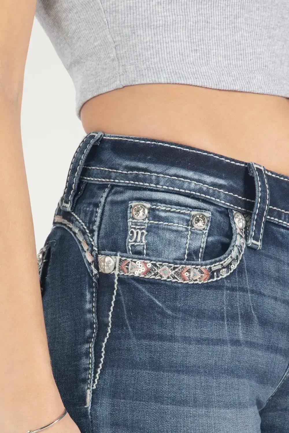 Pink Border Stitch Bootcut Jeans