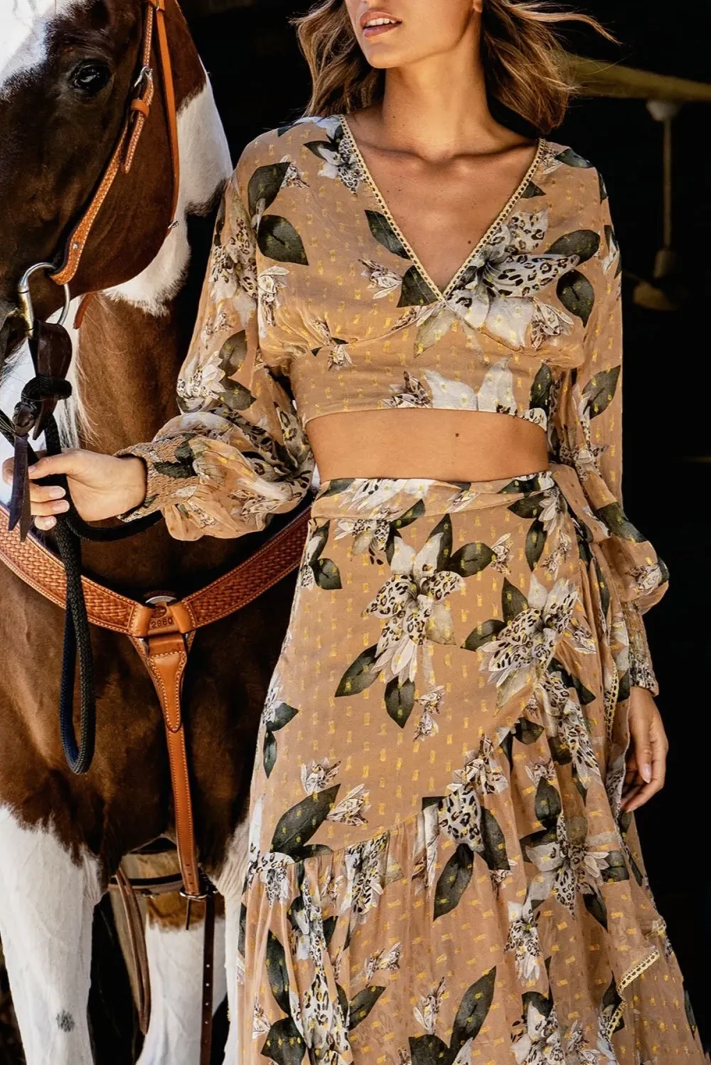 Light Brown Floral Print Sheer Crop Top