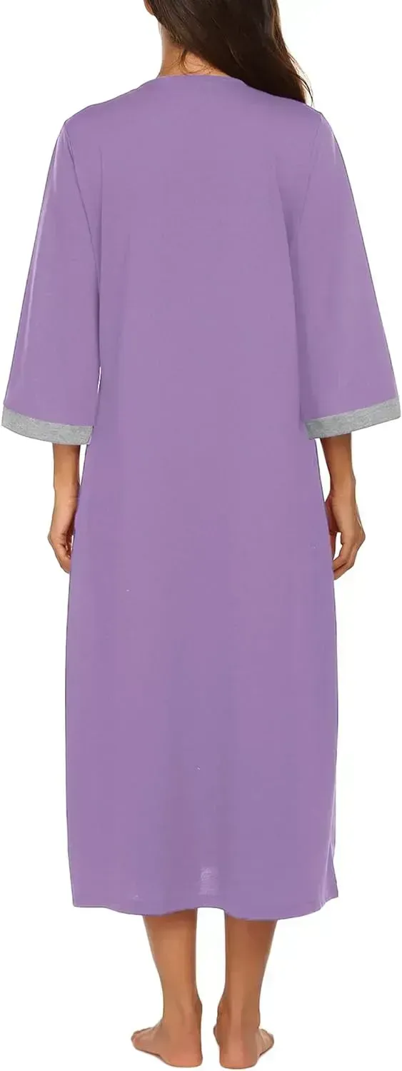 Women Zipper Robe 3/4 Sleeves Loungewear Dress Full Length Sleepwear Pockets Housecoat Nightgown Long Bathrobe