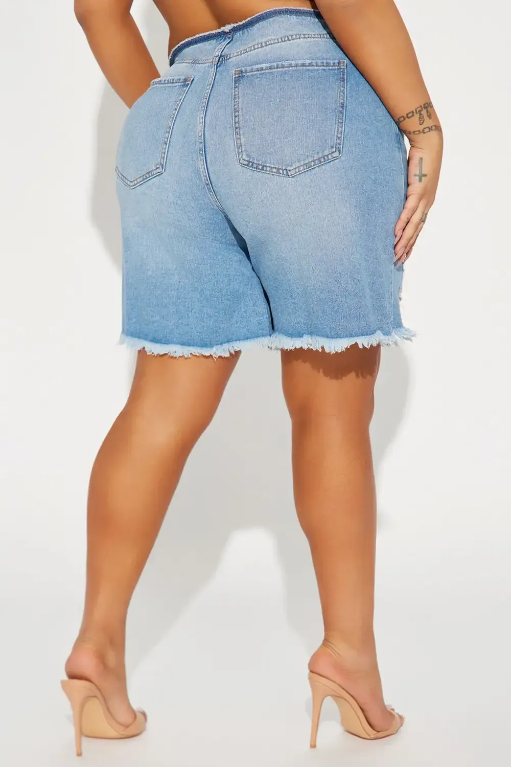 Flaunting It Ripped Denim Bermuda Shorts - Vintage Blue Wash
