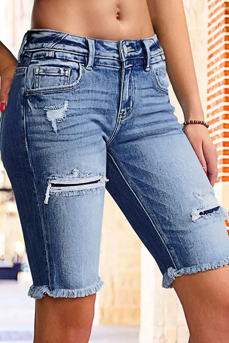 Ripped Raw Hem Mid Rise Denim Bermuda Shorts