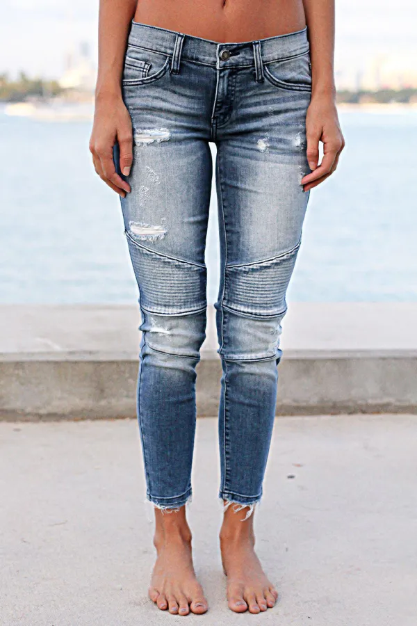 Ripped Raw Hem Low Rise Moto Crop Jeans