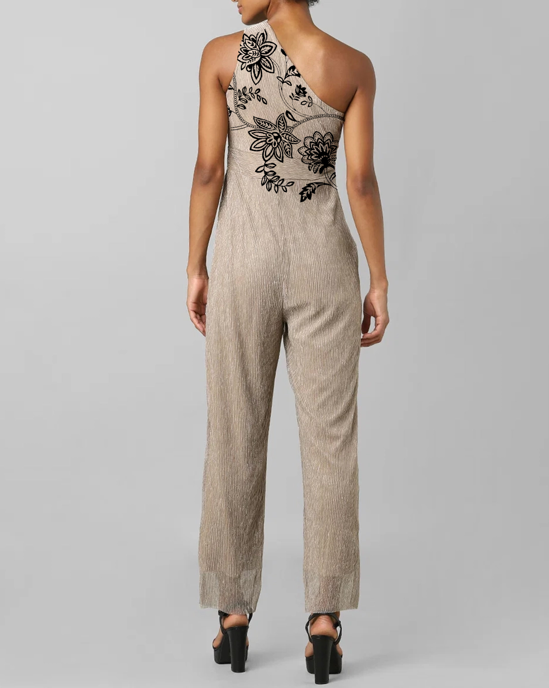 Beige One Shoulder Abstract Print Jumpsuit