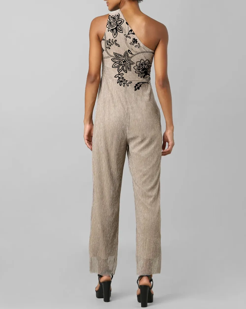 Beige One Shoulder Abstract Print Jumpsuit