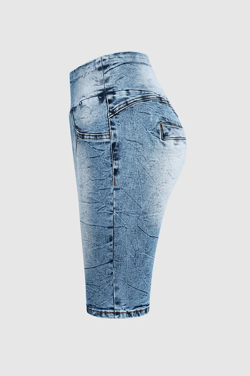 Wash Wide Waistband High Waist Denim Bermuda Shorts