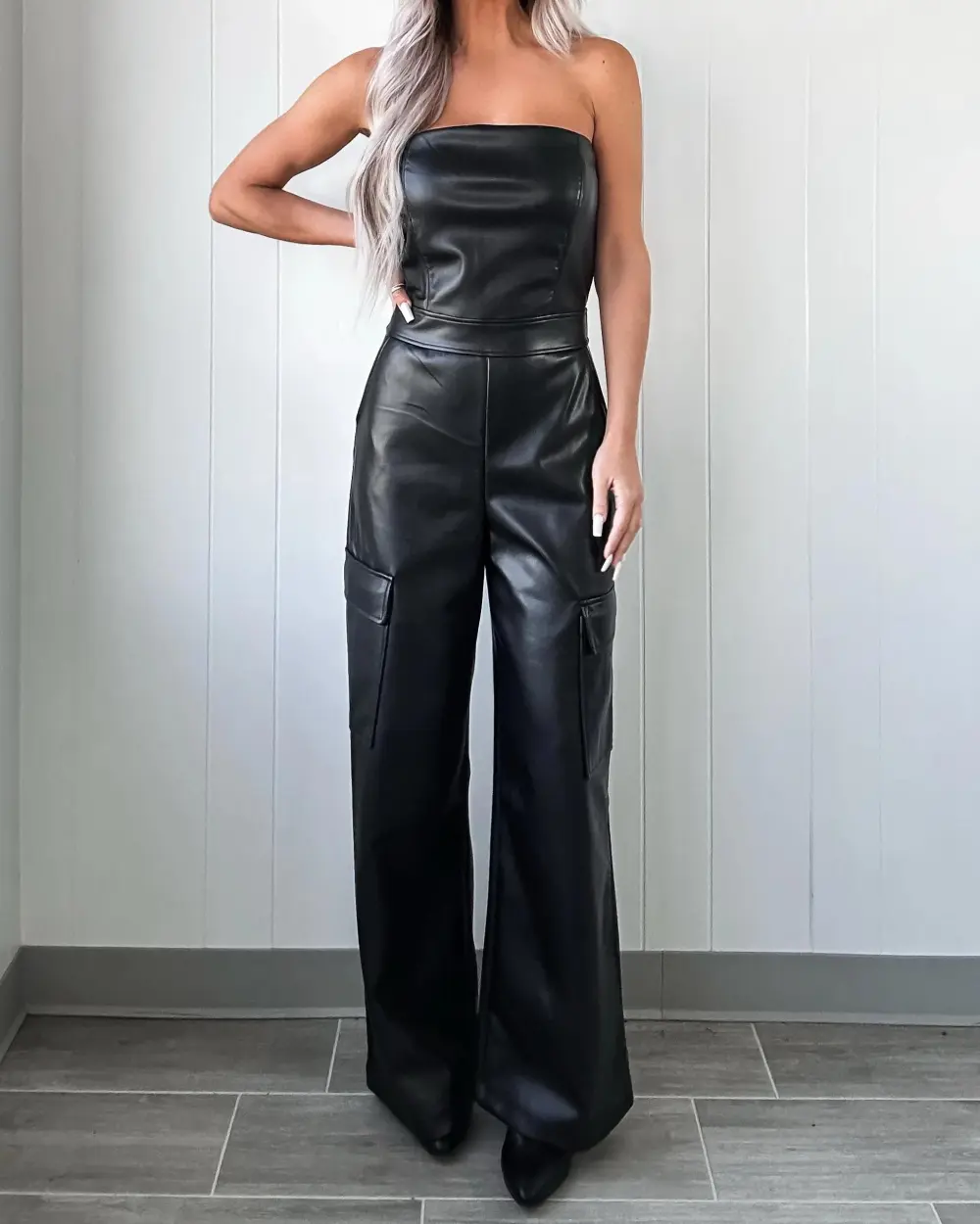 Faux Leather Jumpsuit - Black