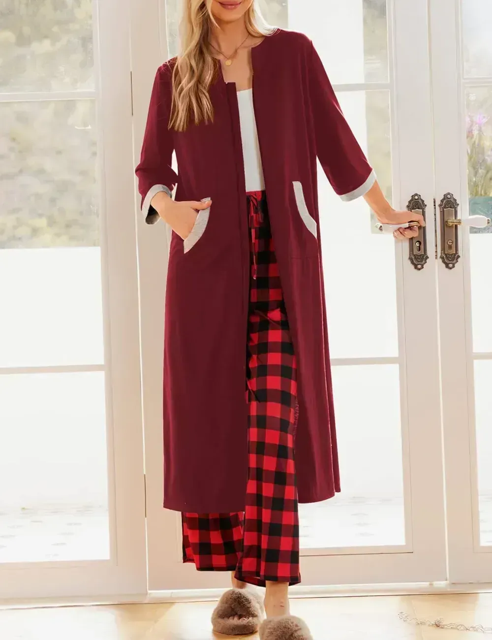 Women Zipper Robe 3/4 Sleeves Loungewear Dress Full Length Sleepwear Pockets Housecoat Nightgown Long Bathrobe