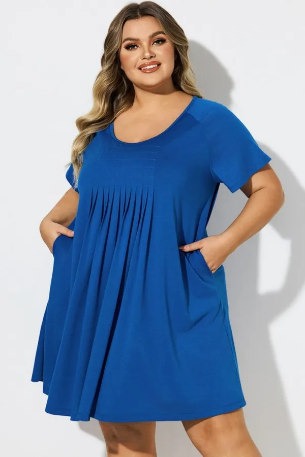 Blue Round Neck Box-Pleat Cover Up