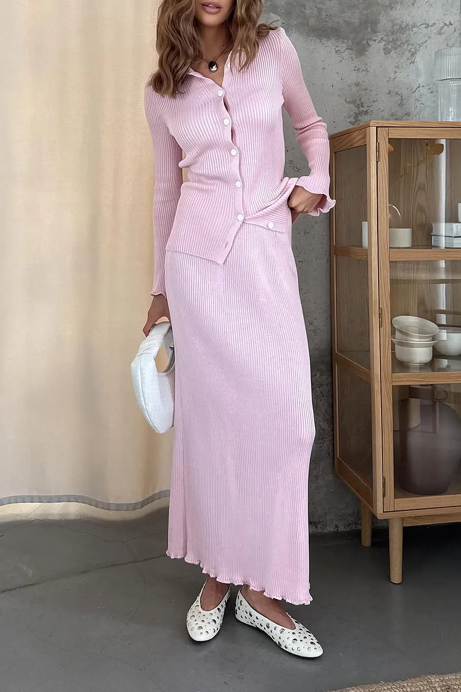 Women'S Solid Color Casual Knitted Top And Skirt 2-Piece Set